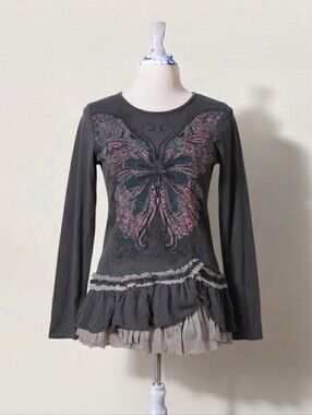 Girl freshbrewed grey butterfly print euro like top with 3/4 sleeves